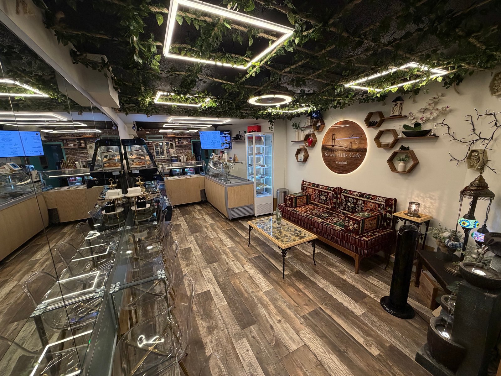 Wide view of the Seven Hills Istanbul Cafe interior and Turkish lounge
