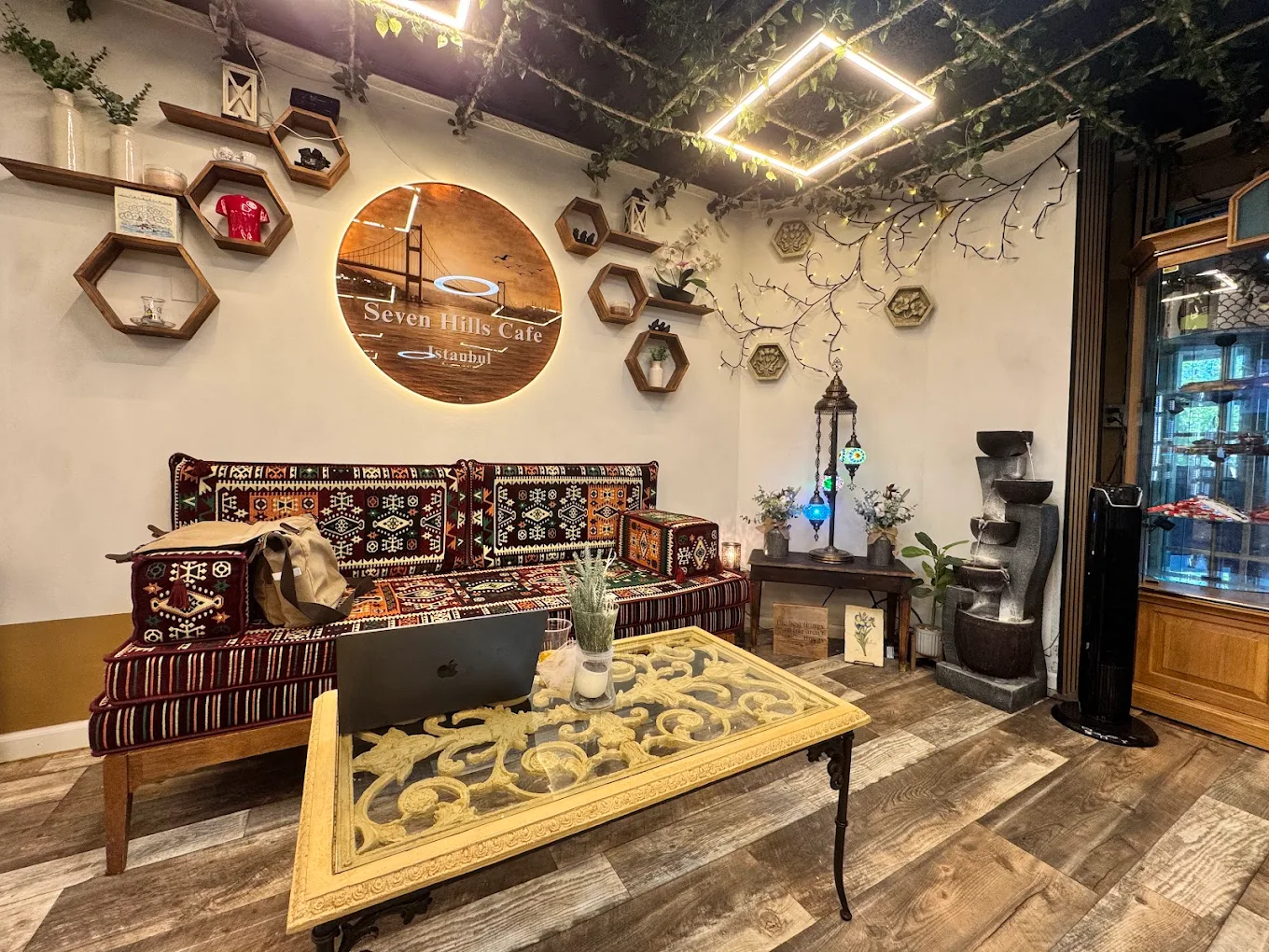 Cozy Seven Hills Istanbul Cafe seating area with Turkish decor